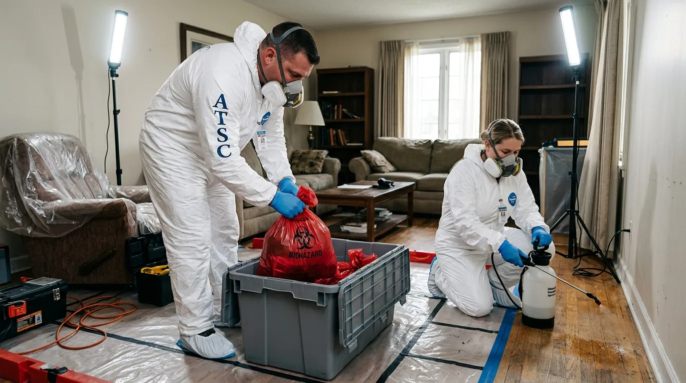 Professional Hoarding Cleanup technician in full PPE working in Anthem